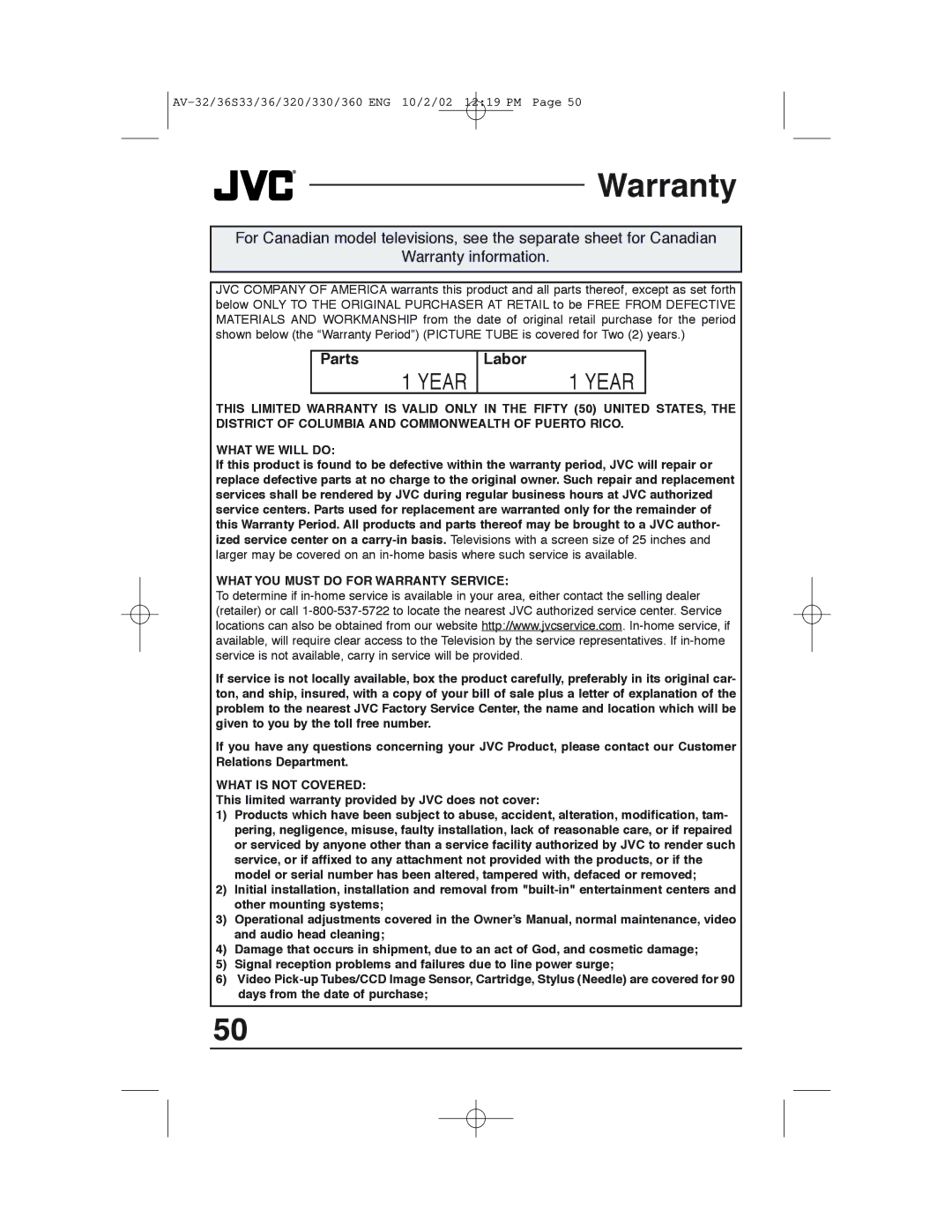 JVC AV 32320 manual Warranty, Parts, Labor, This limited warranty provided by JVC does not cover 