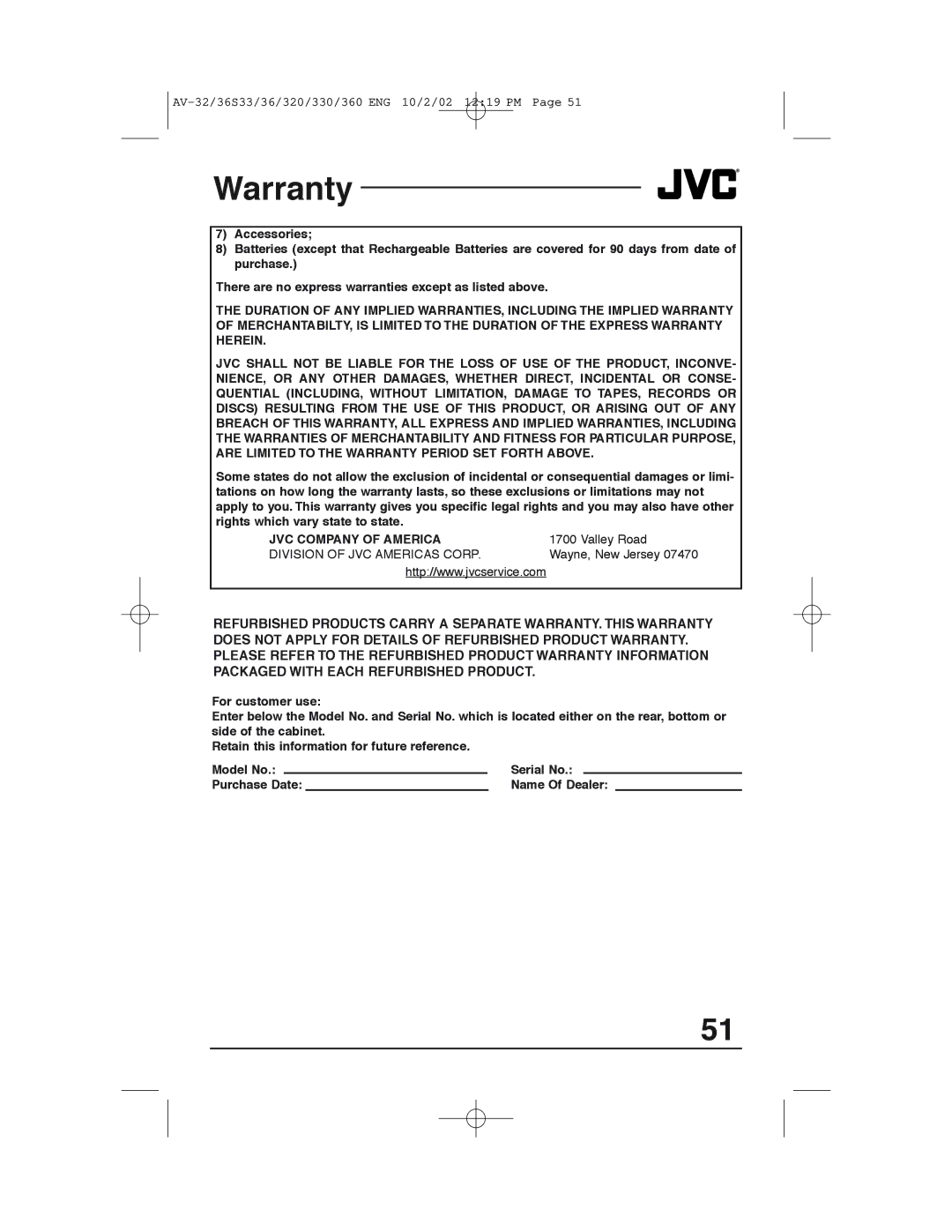 JVC AV 32320 manual Name Of Dealer 