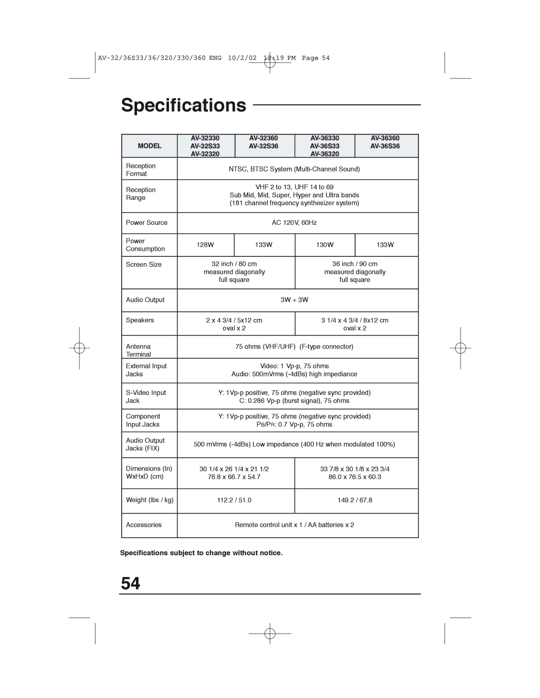 JVC AV 32320 manual Specifications subject to change without notice 