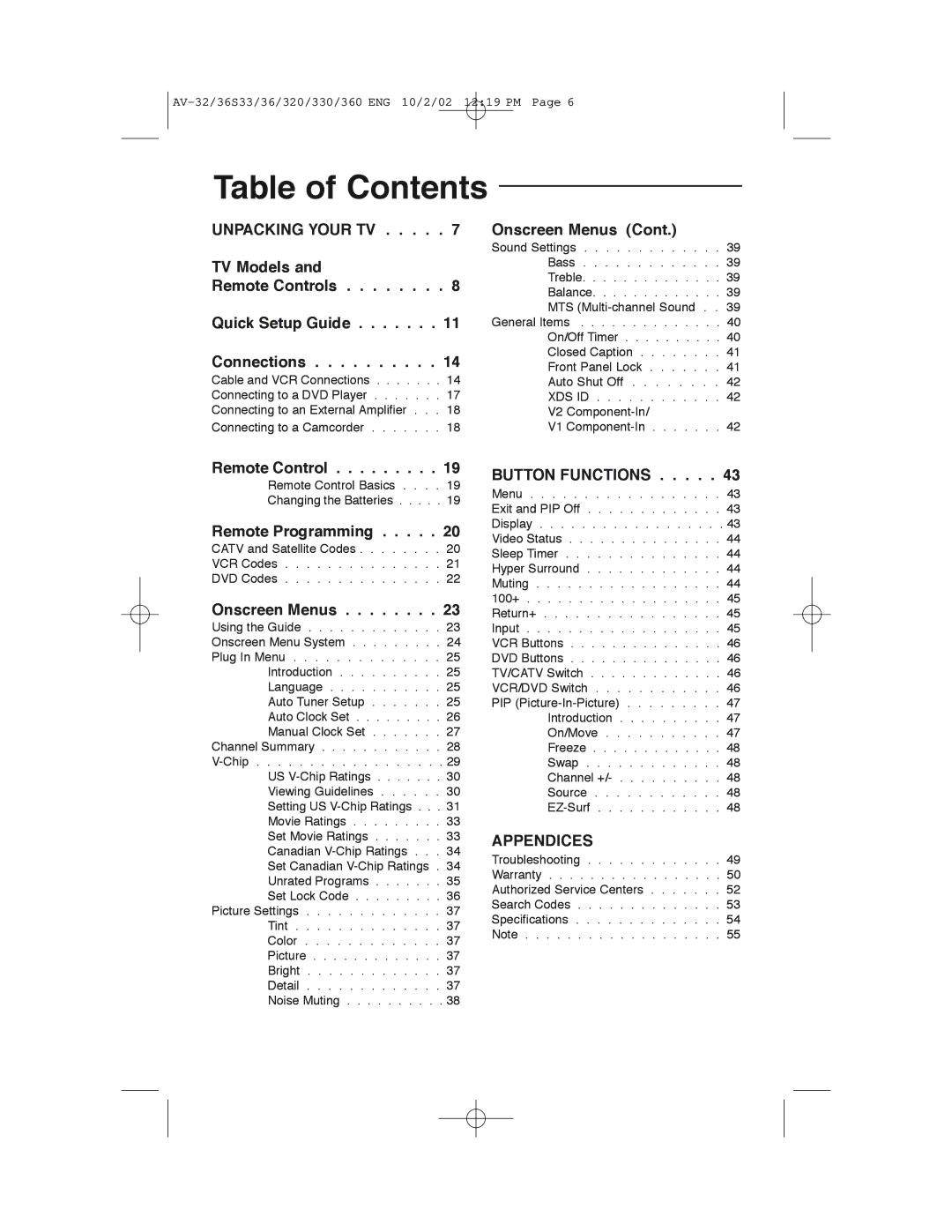 JVC AV 32320 manual Table of Contents 