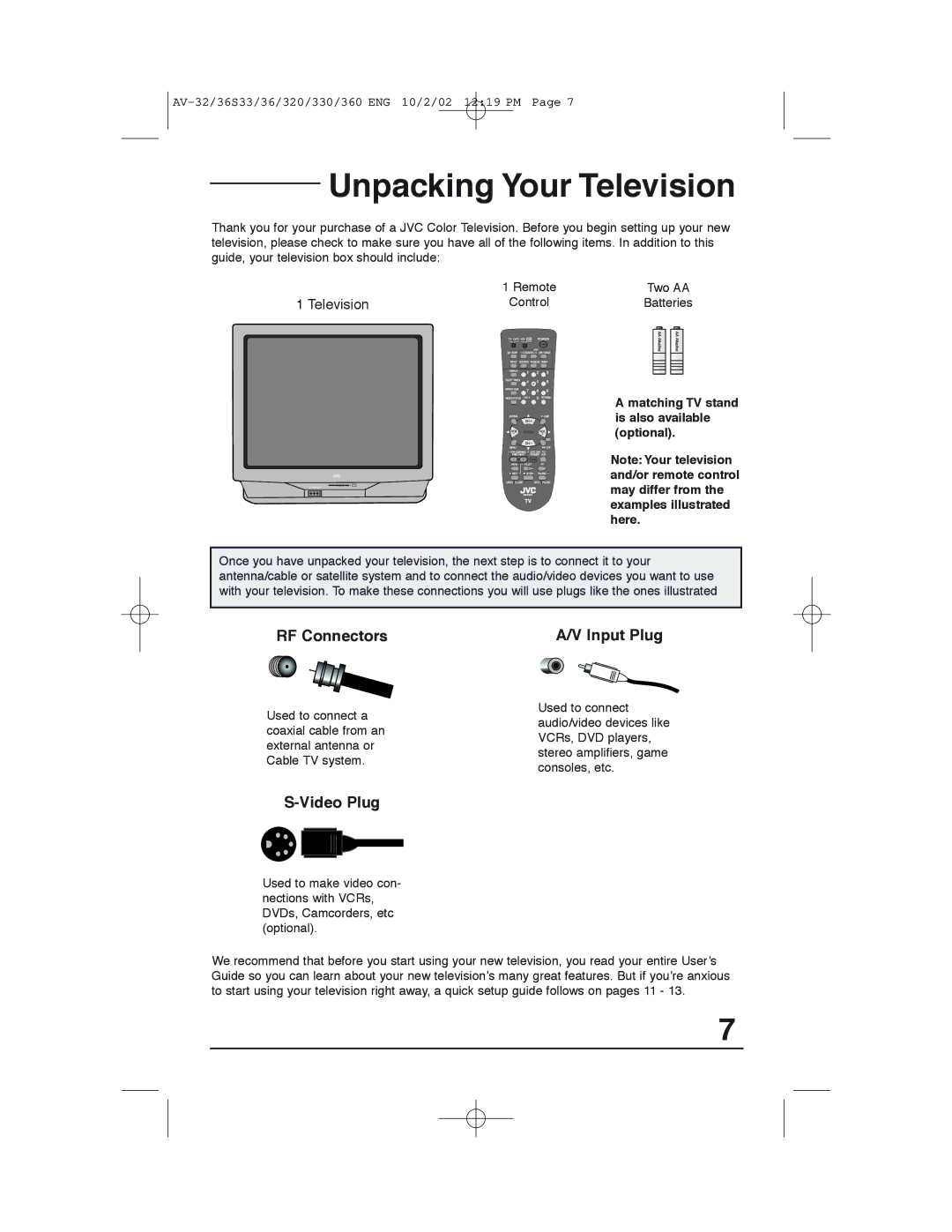 JVC AV 32320 Unpacking Your Television, RF Connectors Input Plug, Video Plug, Matching TV stand is also available optional 