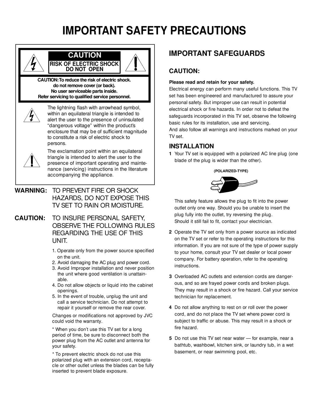 JVC AV-32920 manual Installation, Risk of Electric Shock Do not Open 