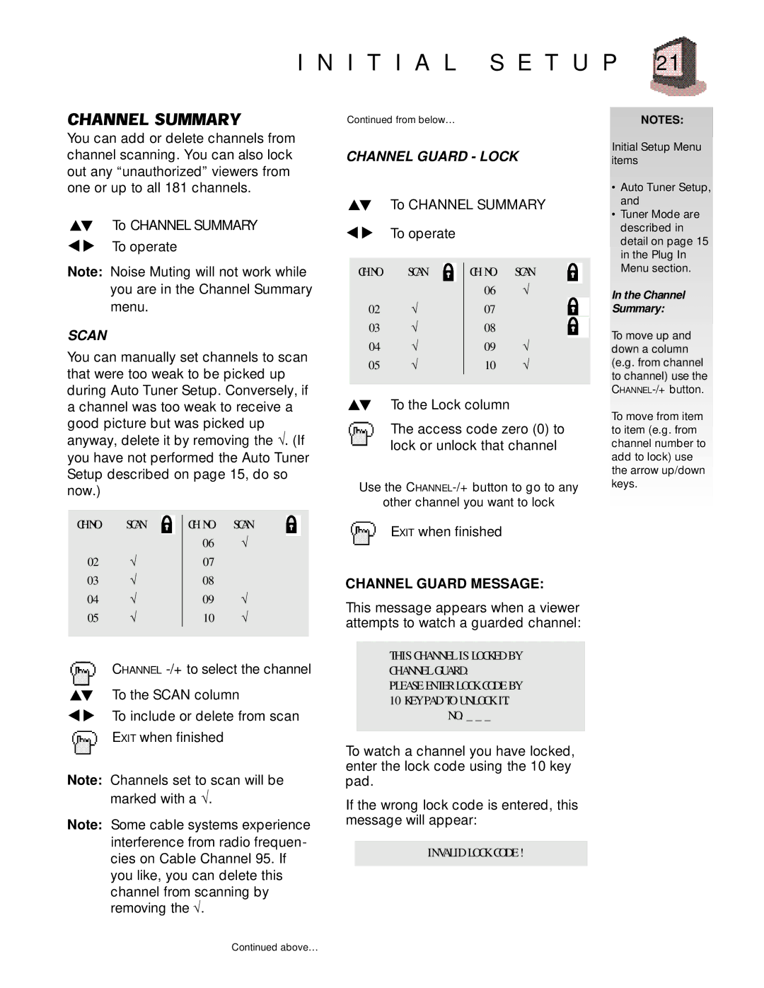 JVC AV-32920 manual I T I a L S E T U P, Channel Guard Message 