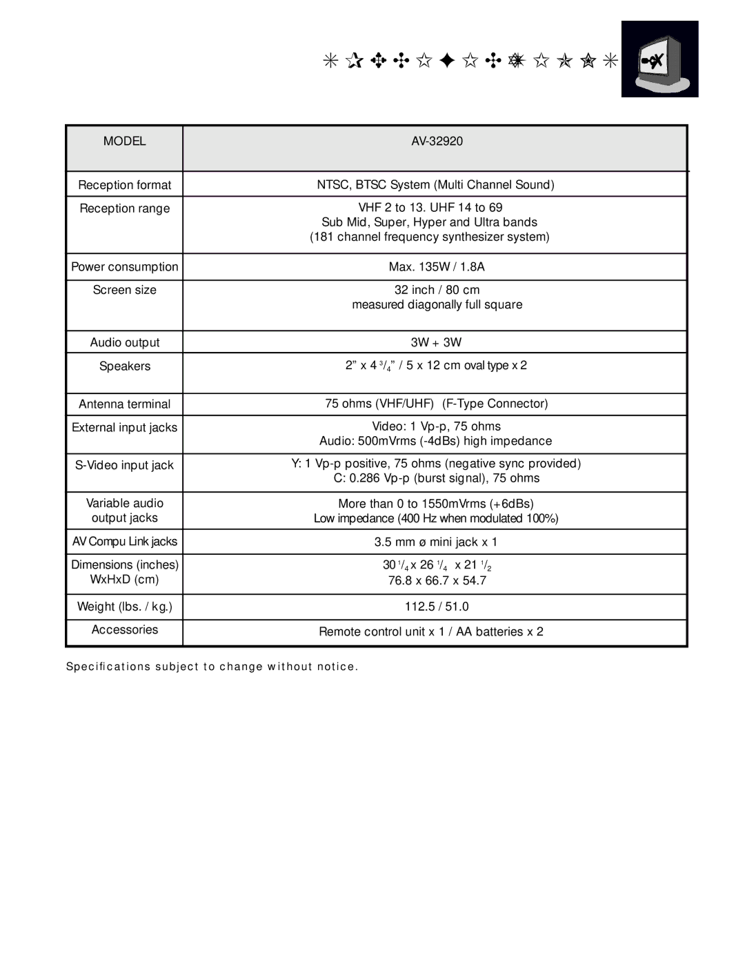 JVC AV-32920 manual Specification S, Model 