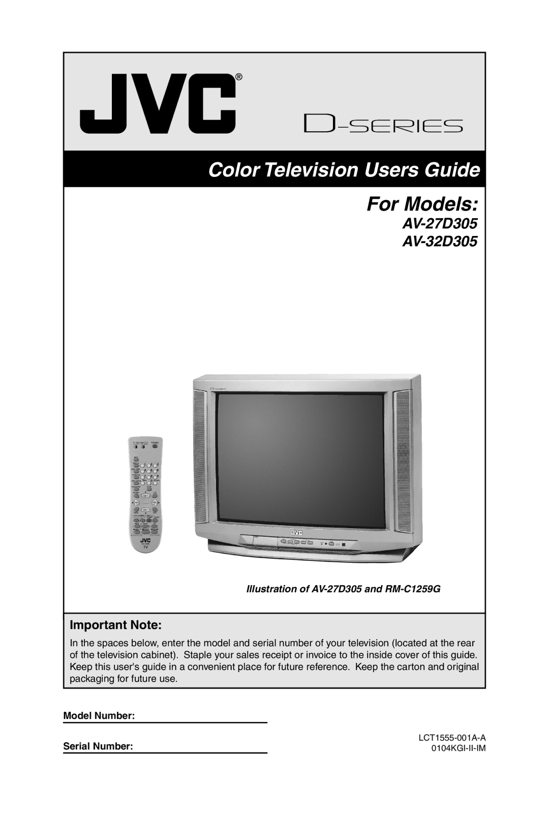 JVC AV 27D305, AV 32D305 manual AV-27D305 AV-32D305, Important Note, Model Number Serial Number 