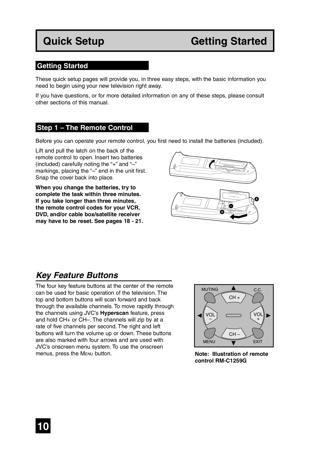 JVC AV 32D305, AV 27D305 manual Key Feature Buttons, Getting Started, Remote Control 