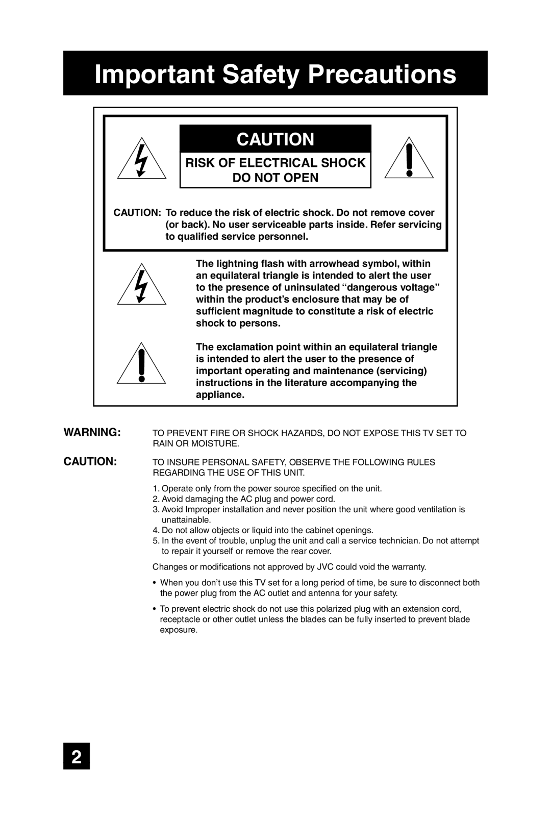 JVC AV 32D305, AV 27D305 manual Important Safety Precautions, Risk of Electrical Shock Do not Open 