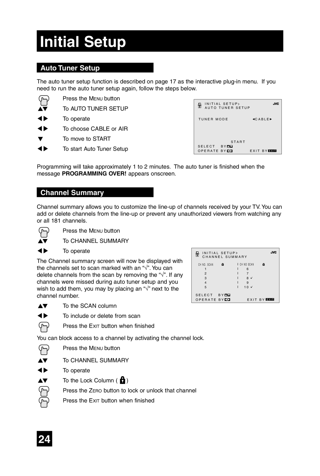 JVC AV 32D305, AV 27D305 manual Initial Setup, Auto Tuner Setup, Channel Summary 