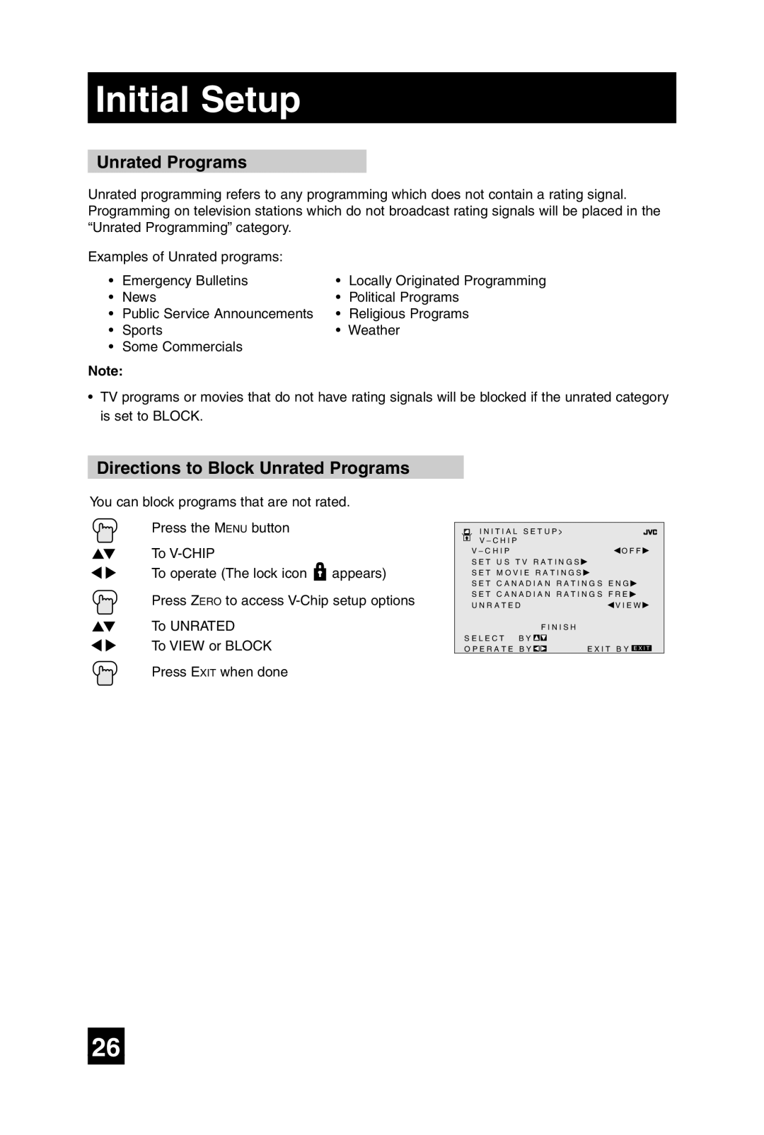 JVC AV 32D305, AV 27D305 manual Directions to Block Unrated Programs 