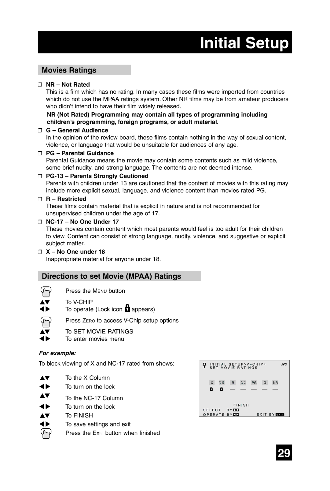 JVC AV 27D305, AV 32D305 manual Movies Ratings, Directions to set Movie Mpaa Ratings 