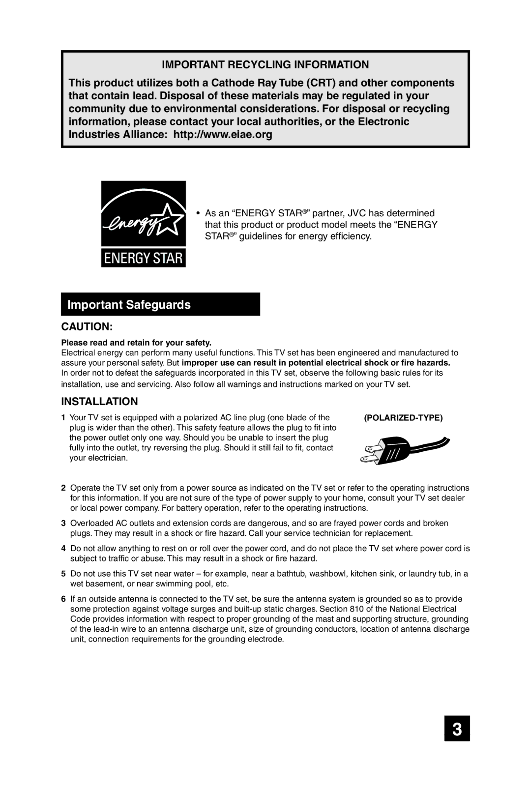 JVC AV 27D305, AV 32D305 manual Important Safeguards, Important Recycling Information 