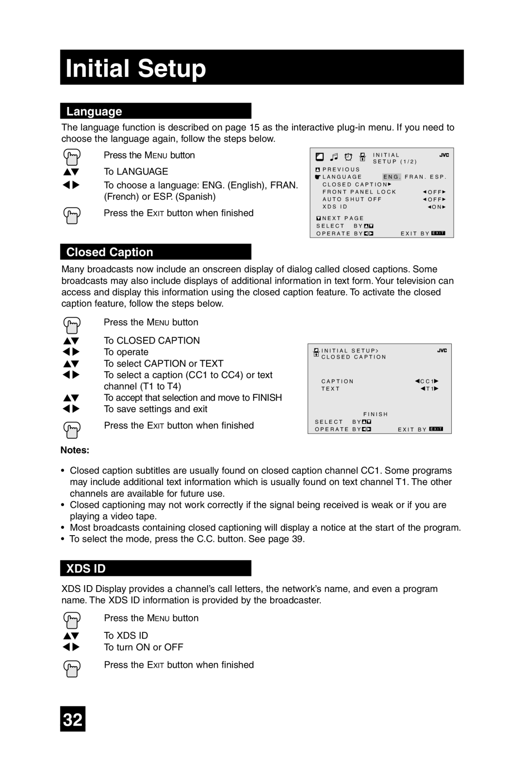 JVC AV 32D305, AV 27D305 manual Language, Closed Caption 