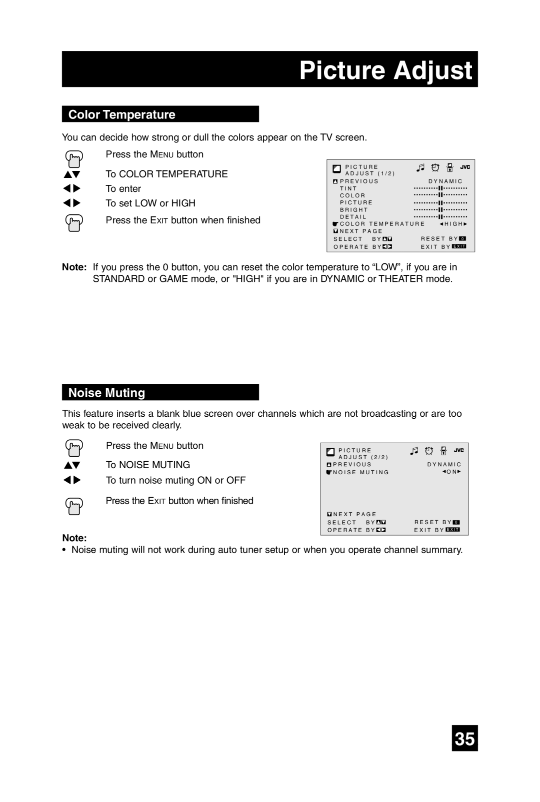 JVC AV 27D305, AV 32D305 manual Color Temperature, Noise Muting 