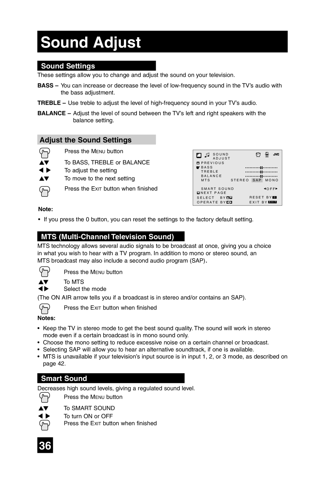 JVC AV 32D305, AV 27D305 manual Sound Adjust, Adjust the Sound Settings, MTS Multi-Channel Television Sound, Smart Sound 