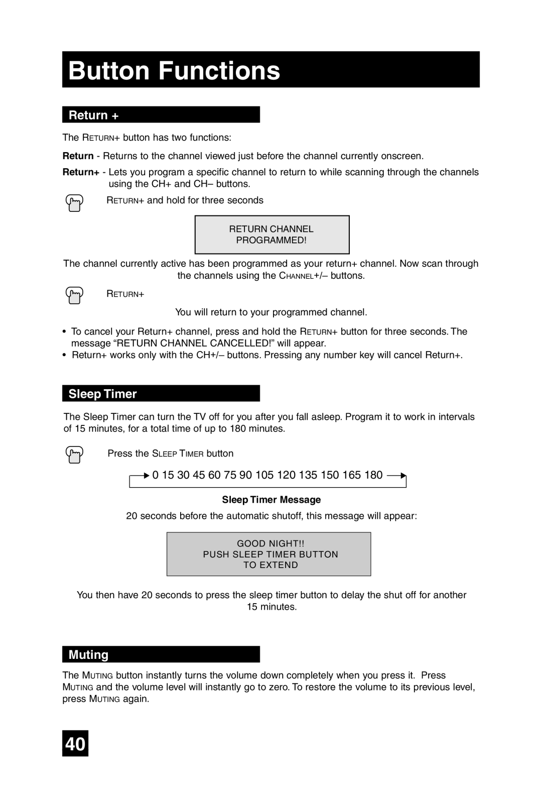 JVC AV 32D305, AV 27D305 manual Return +, Muting, Sleep Timer Message 