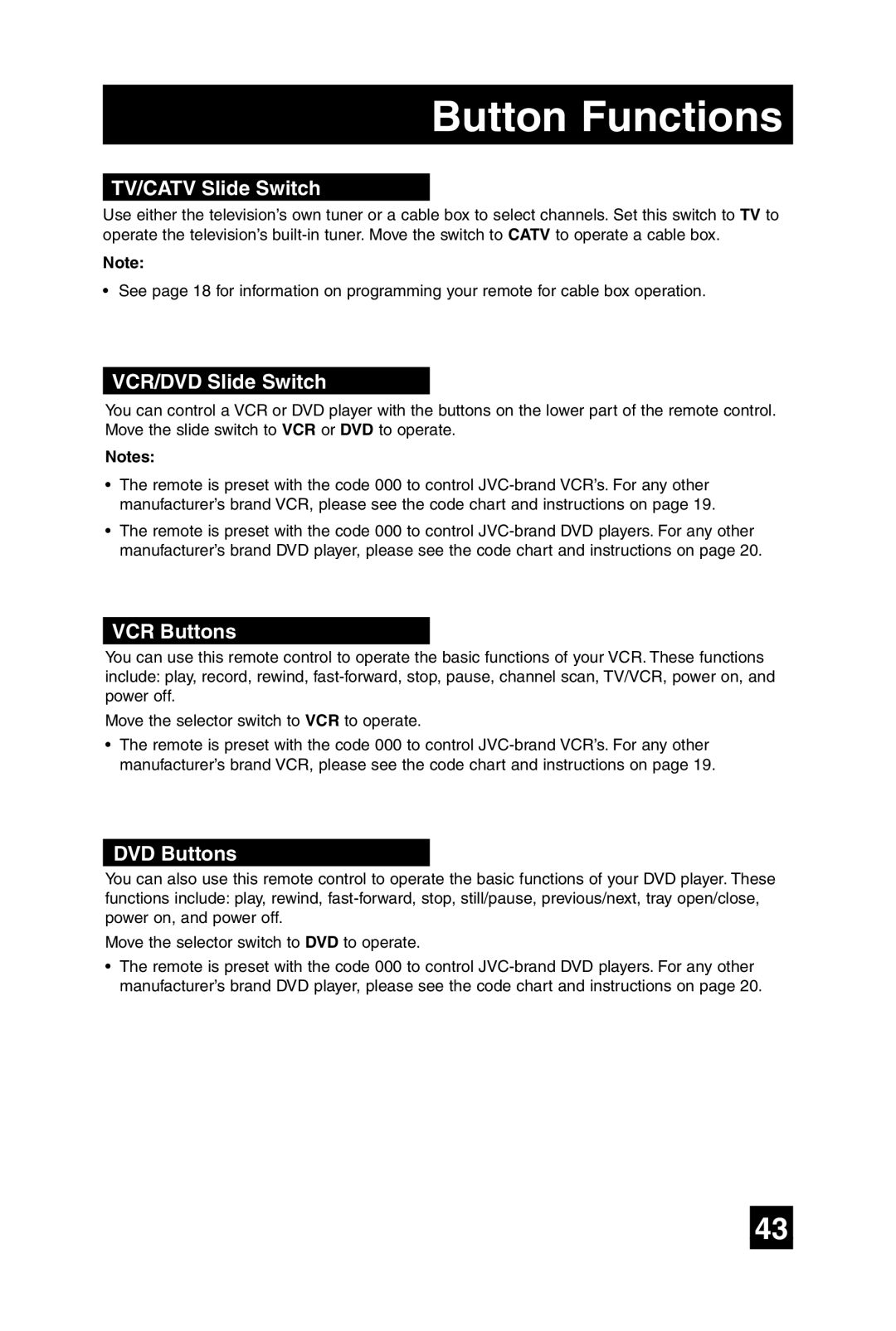 JVC AV 27D305, AV 32D305 manual TV/CATV Slide Switch, VCR/DVD Slide Switch, VCR Buttons, DVD Buttons 