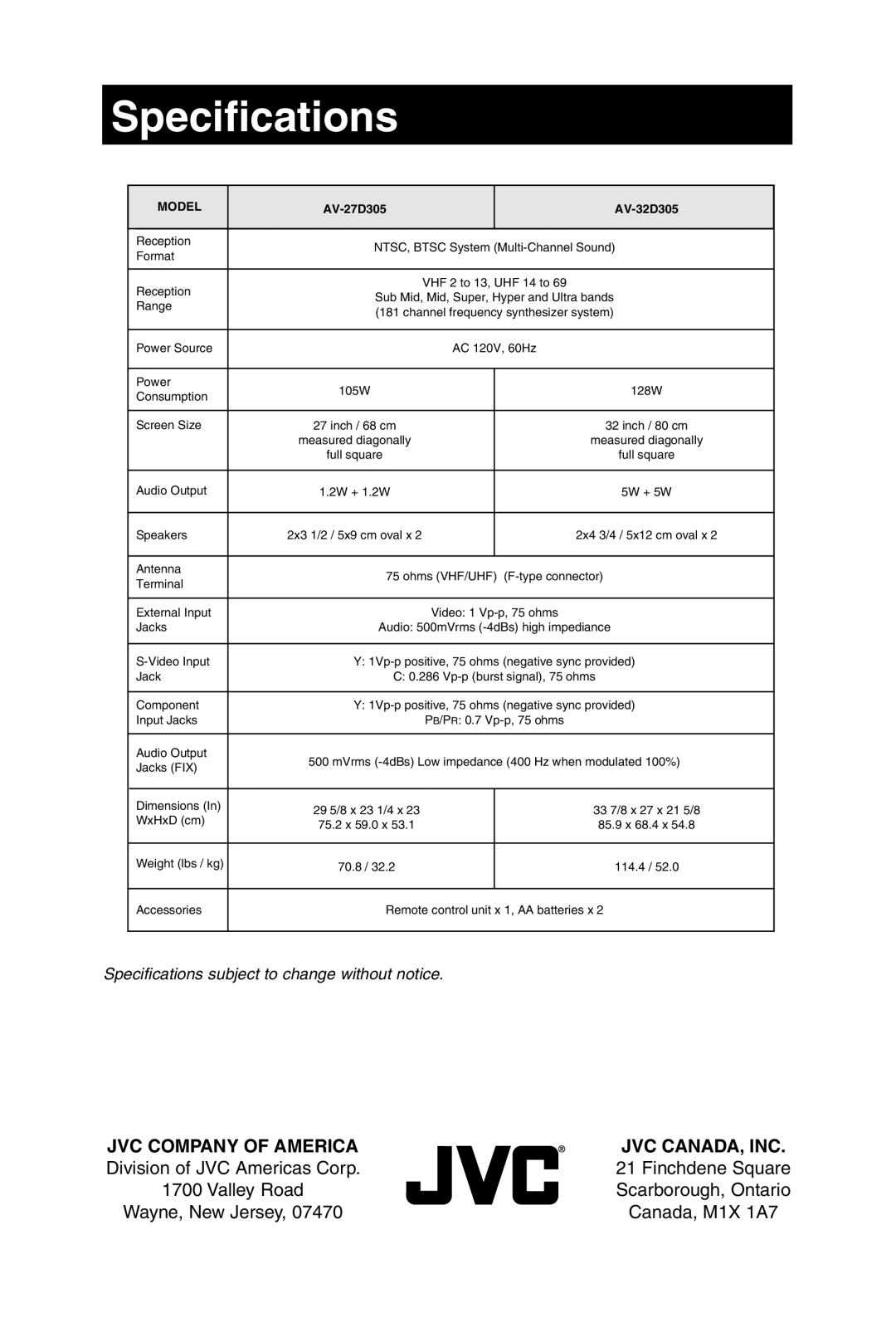 JVC AV 32D305, AV 27D305 manual Specifications, JVC Company of America JVC CANADA, INC 