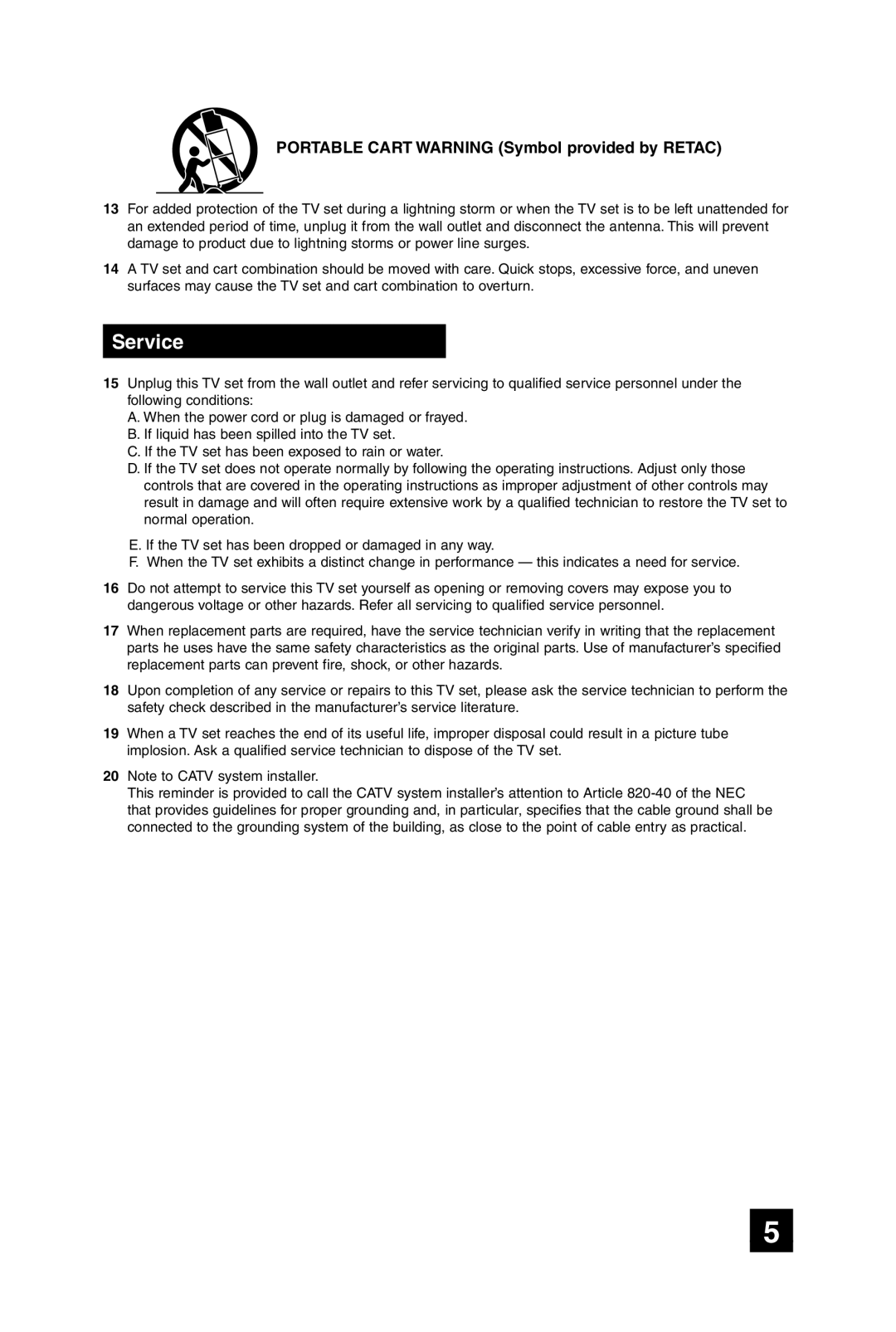 JVC AV 27D305, AV 32D305 manual Service, Portable Cart Warning Symbol provided by Retac 