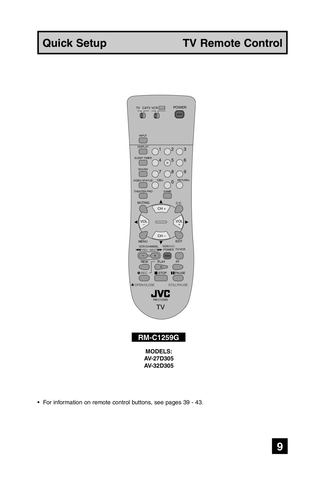 JVC AV 27D305, AV 32D305 manual RM-C1259G, AV-27D305 AV-32D305 