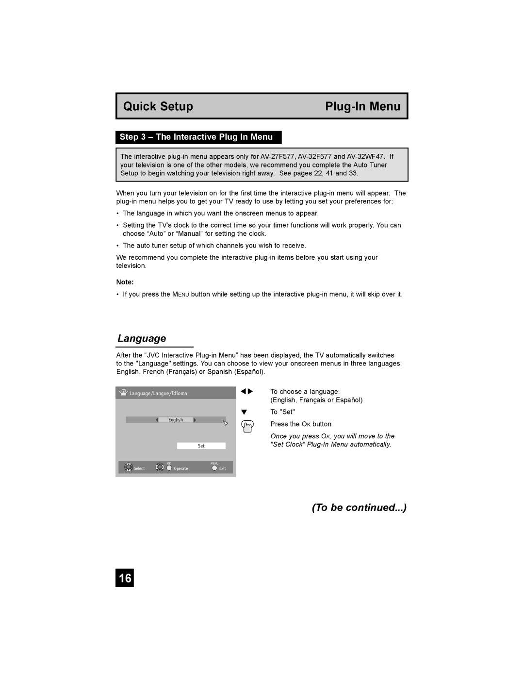 JVC AV-32F577, AV-27F577, AV-32WF47, AV-32MF47, AV-27MF47 manual Quick Setup Plug-In Menu, Interactive Plug In Menu 