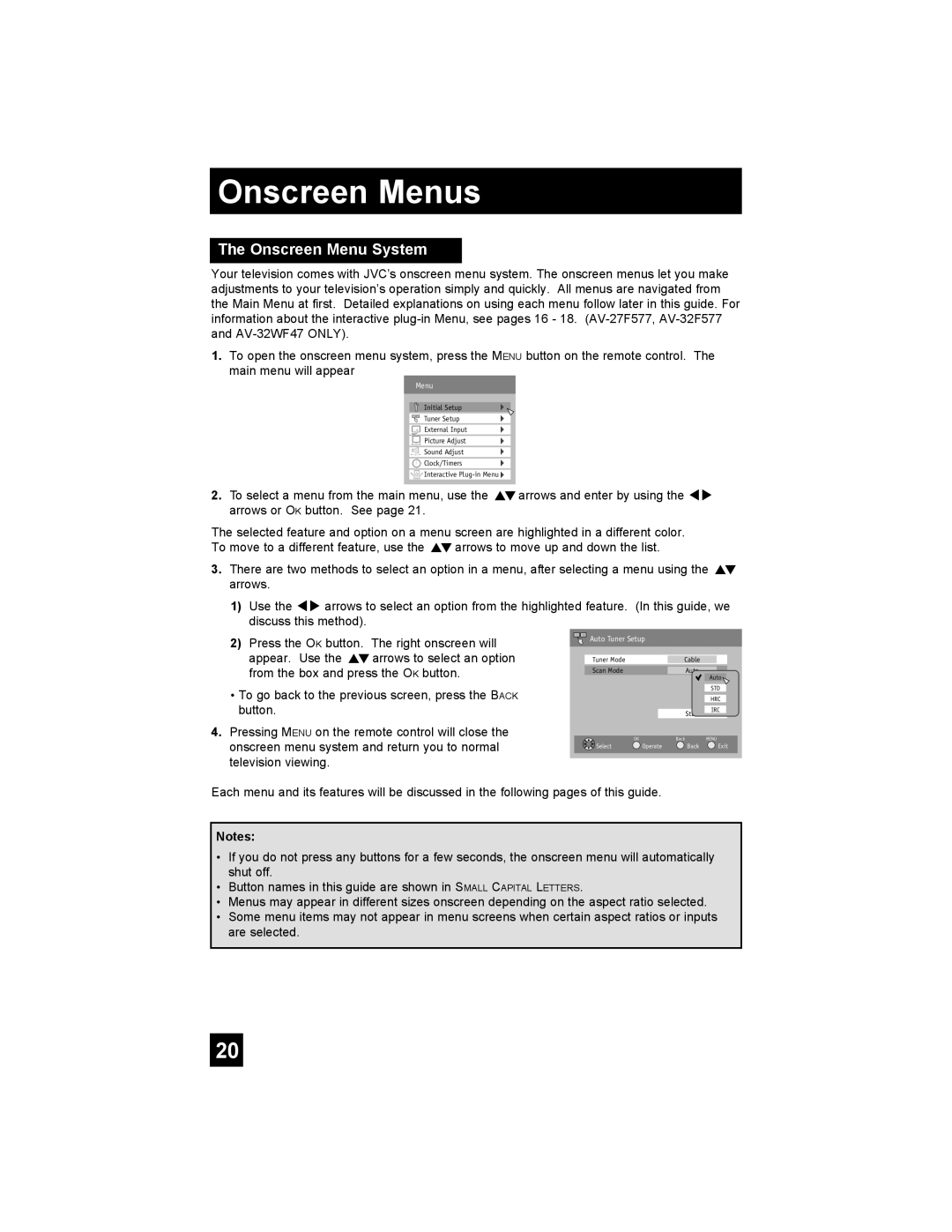 JVC AV-32F577, AV-27F577, AV-32WF47, AV-32MF47, AV-27MF47 manual Onscreen Menu System 