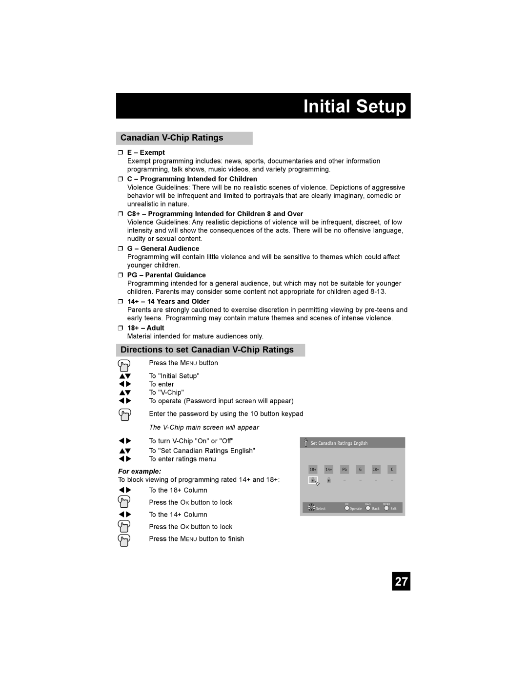 JVC AV-32F577, AV-27F577, AV-32WF47, AV-32MF47, AV-27MF47 manual Canadian V-Chip Ratings 