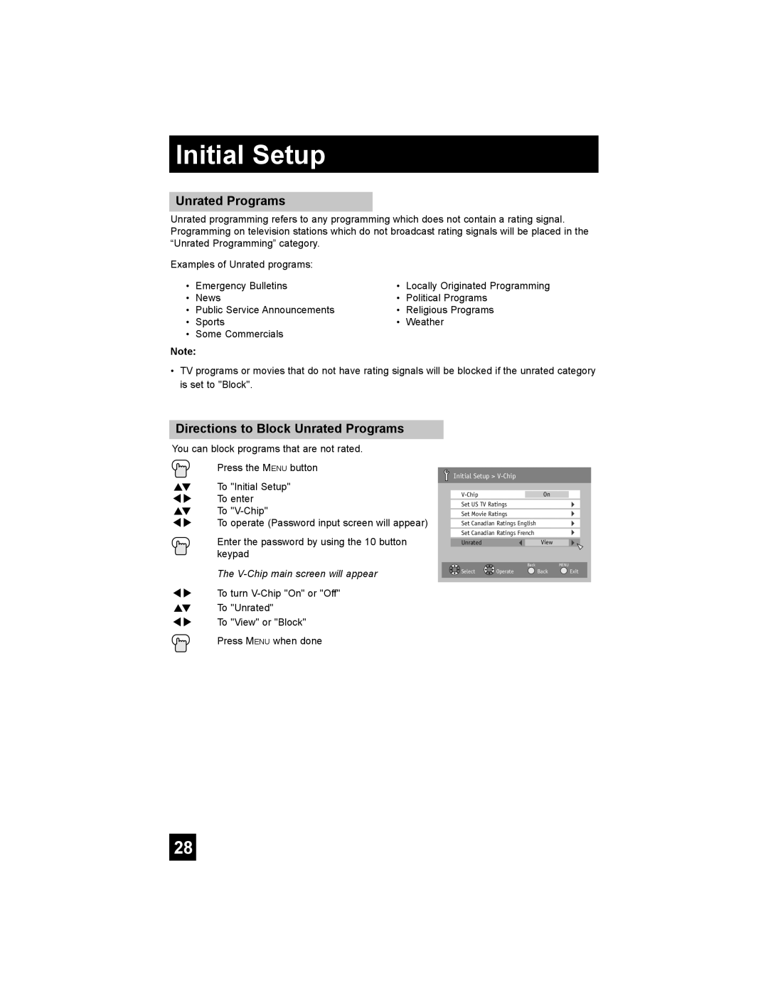 JVC AV-32F577, AV-27F577, AV-32WF47, AV-32MF47, AV-27MF47 manual Directions to Block Unrated Programs 