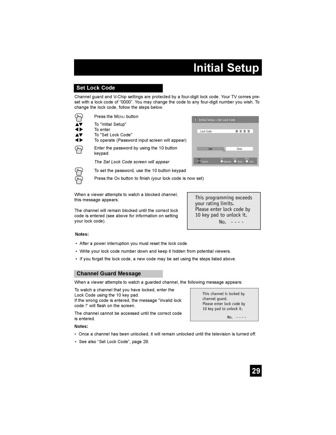 JVC AV-32F577, AV-27F577, AV-32WF47, AV-32MF47, AV-27MF47 manual Set Lock Code, Channel Guard Message 