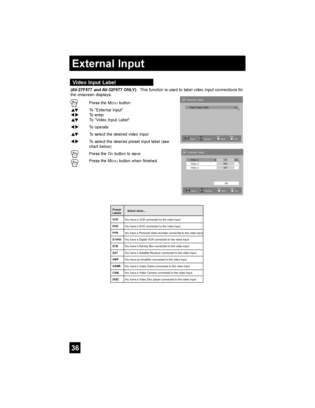 JVC AV-32F577, AV-27F577, AV-32WF47, AV-32MF47, AV-27MF47 manual External Input, Video Input Label 