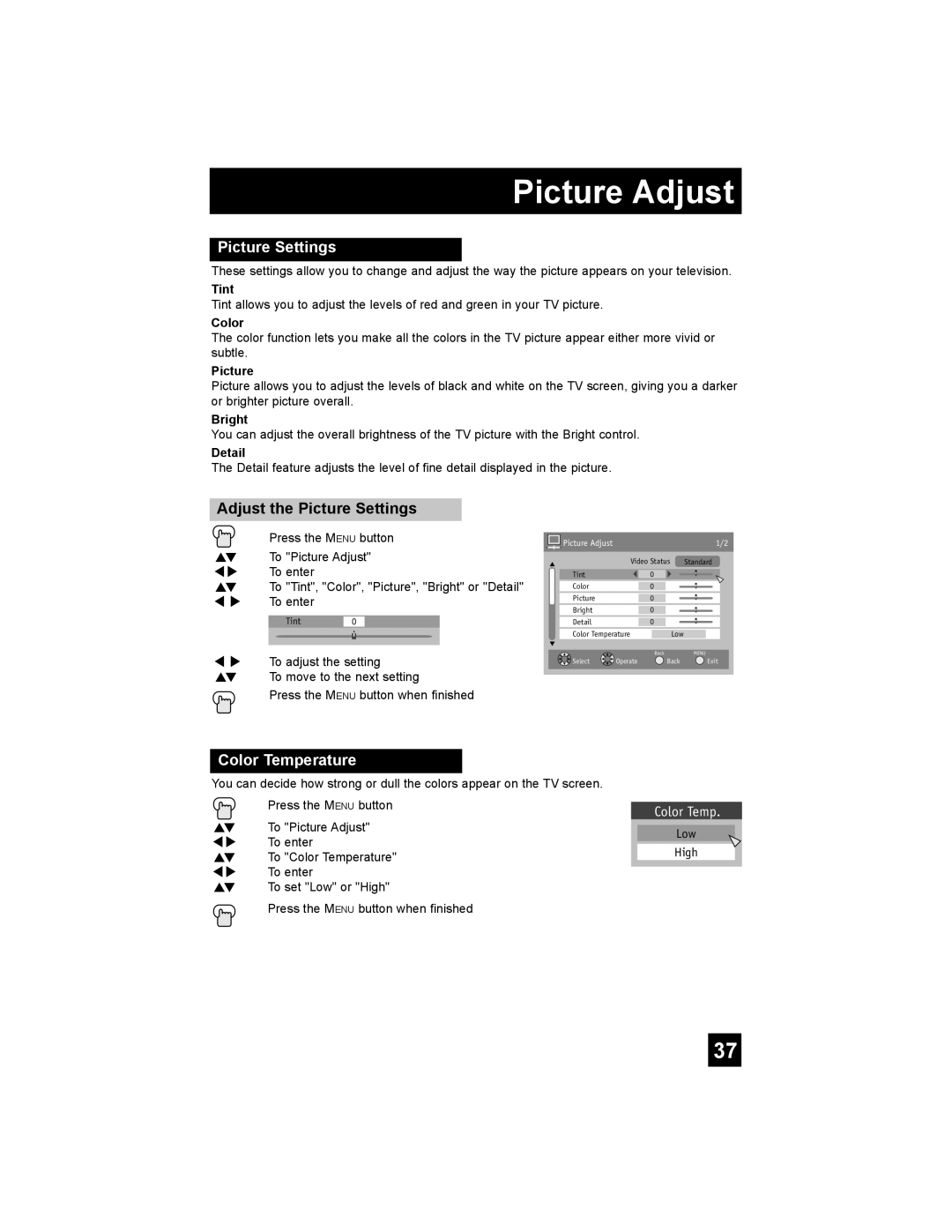 JVC AV-32F577, AV-27F577, AV-32WF47, AV-32MF47, AV-27MF47 manual Picture Adjust, Adjust the Picture Settings 