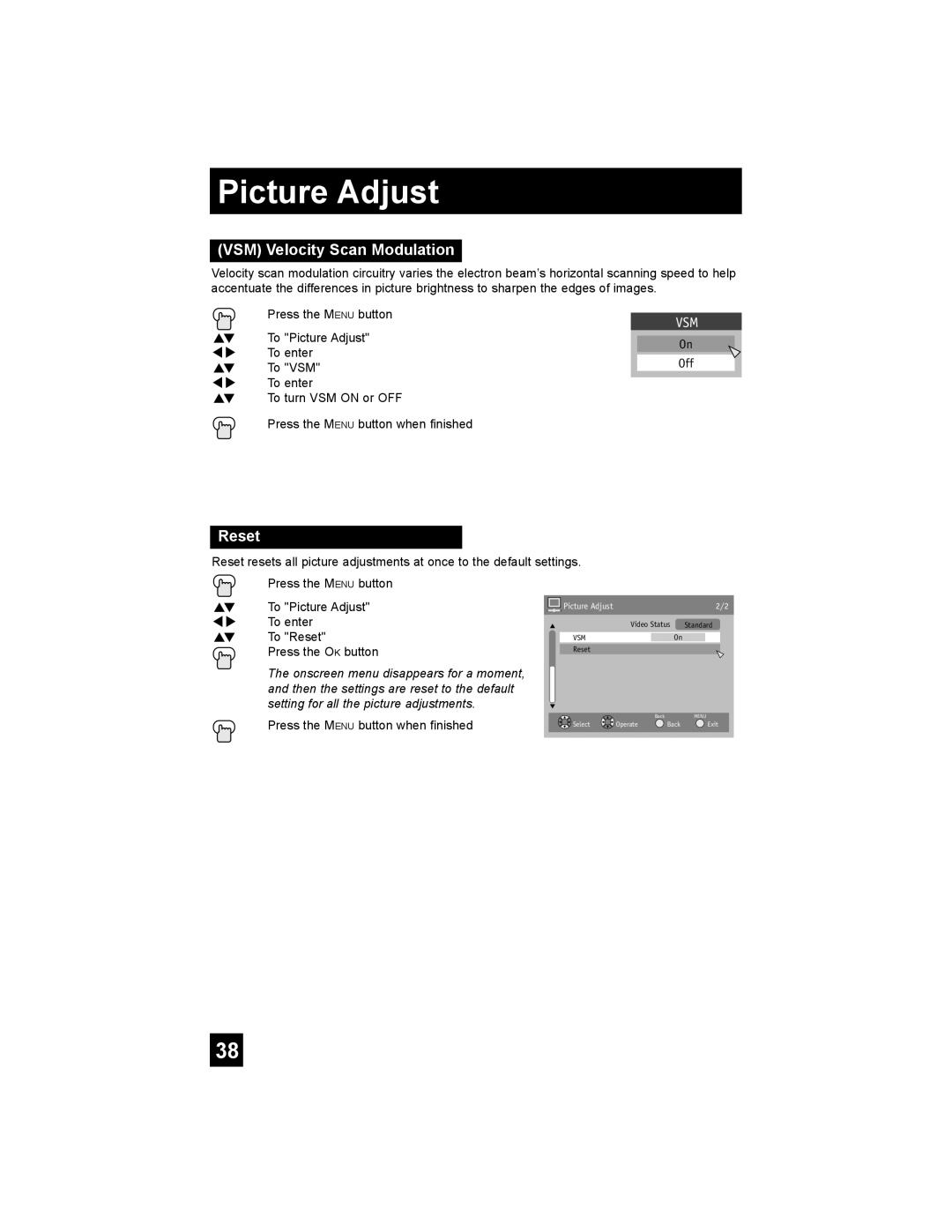 JVC AV-32F577, AV-27F577, AV-32WF47, AV-32MF47, AV-27MF47 manual VSM Velocity Scan Modulation, Reset 