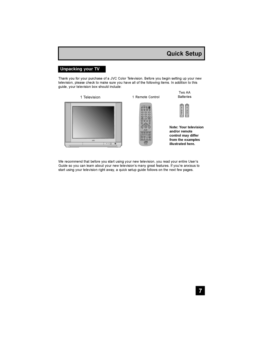 JVC AV-32F577, AV-27F577, AV-32WF47, AV-32MF47, AV-27MF47 manual Quick Setup, Unpacking your TV 