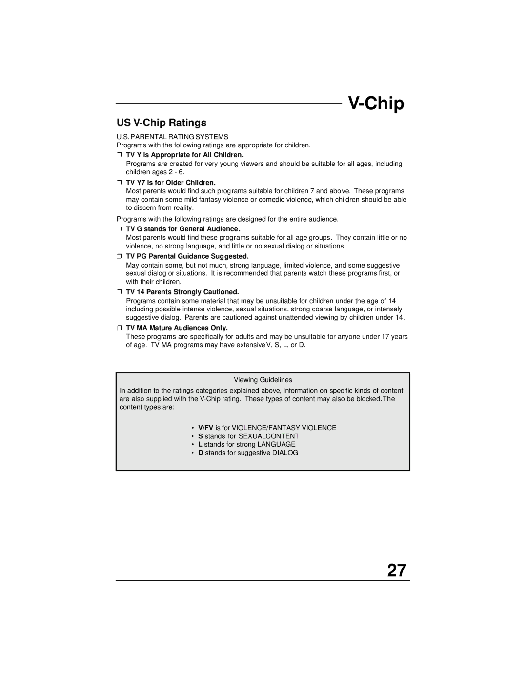 JVC AV 32F702, AV 32F802, AV 36F702, AV 36F802, AV 27F702 manual US V-Chip Ratings 