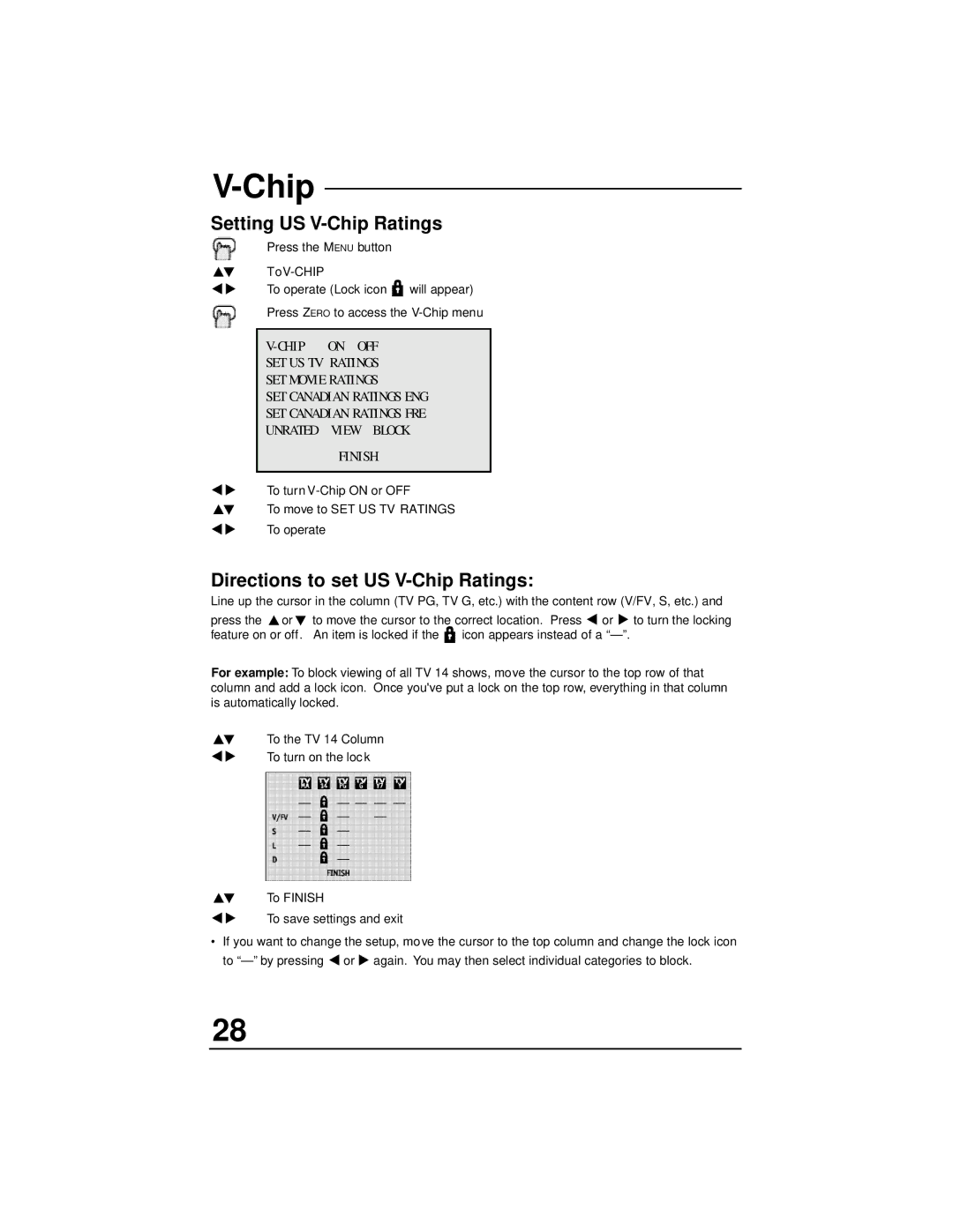 JVC AV 27F702, AV 32F802, AV 36F702, AV 36F802, AV 32F702 manual Setting US V-Chip Ratings, Directions to set US V-Chip Ratings 