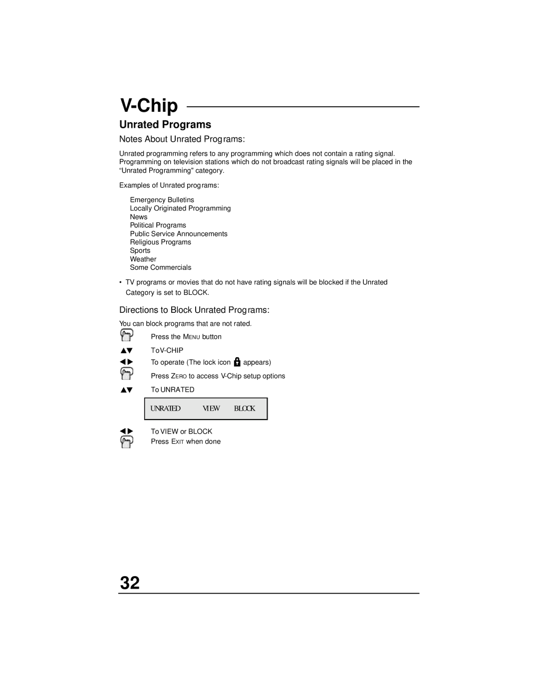 JVC AV 36F802, AV 32F802, AV 36F702, AV 32F702, AV 27F702 manual Directions to Block Unrated Programs 