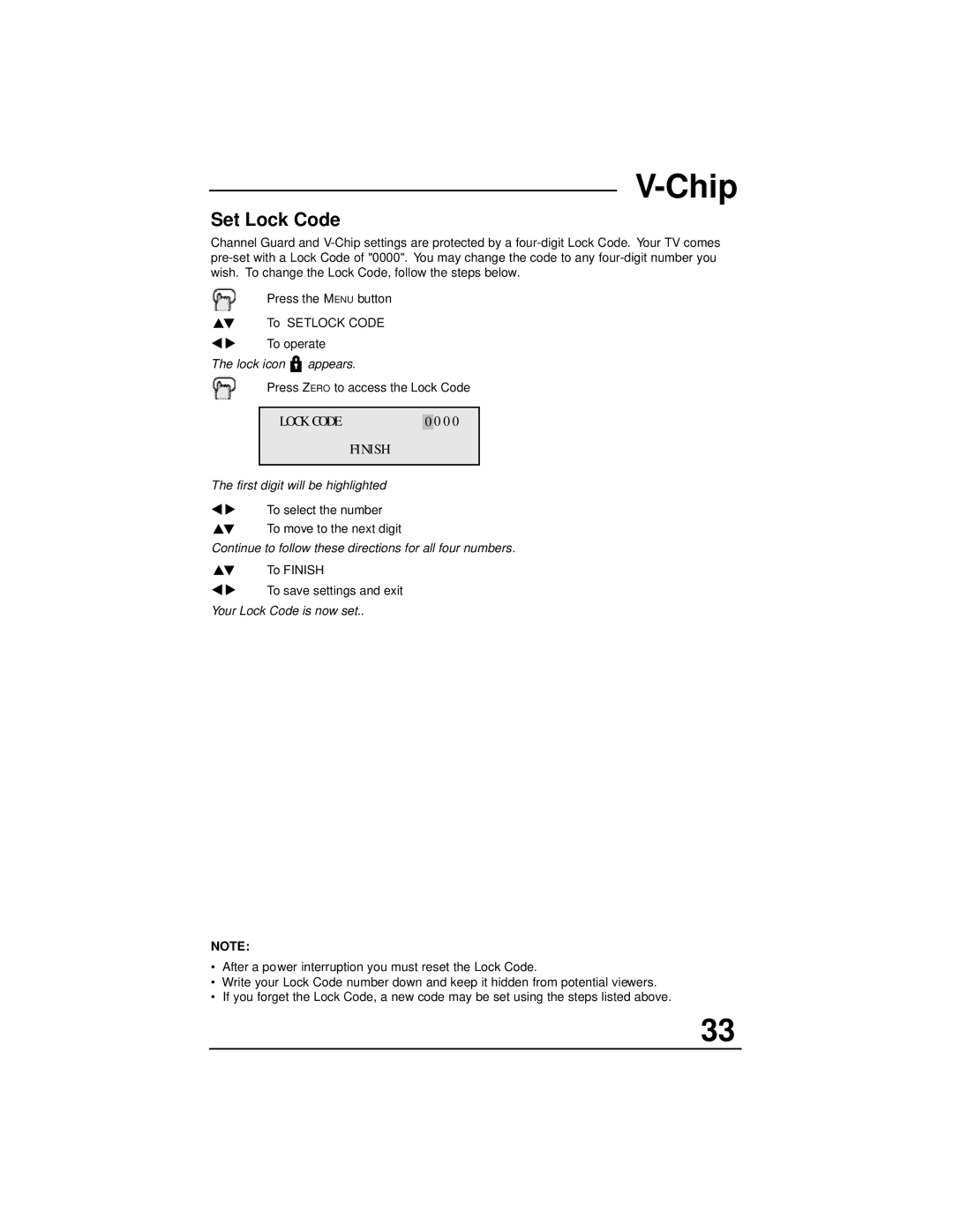 JVC AV 32F702, AV 32F802, AV 36F702, AV 36F802, AV 27F702 manual Set Lock Code, Lock Code Finish 