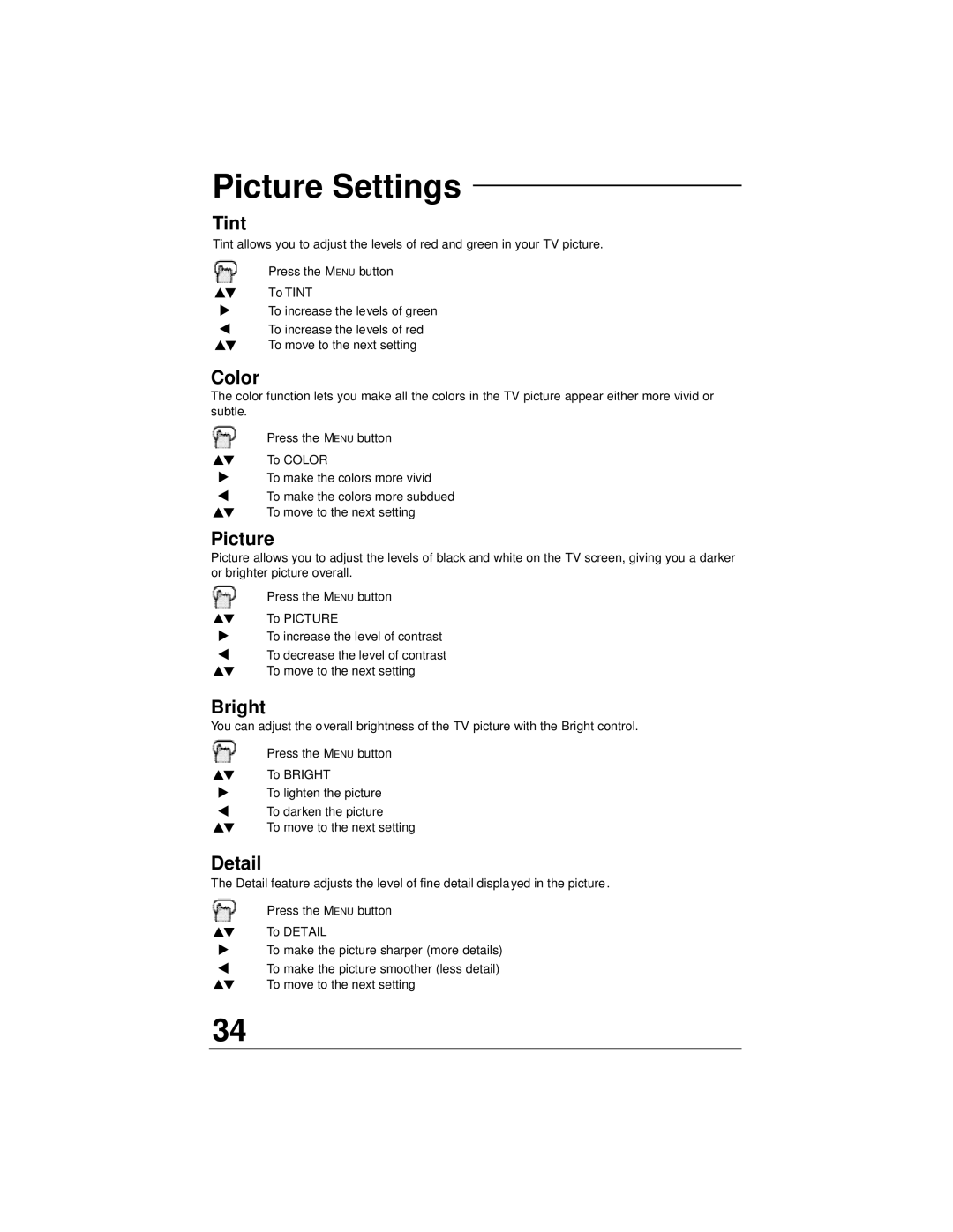 JVC AV 27F702, AV 32F802, AV 36F702, AV 36F802, AV 32F702 manual Picture Settings 