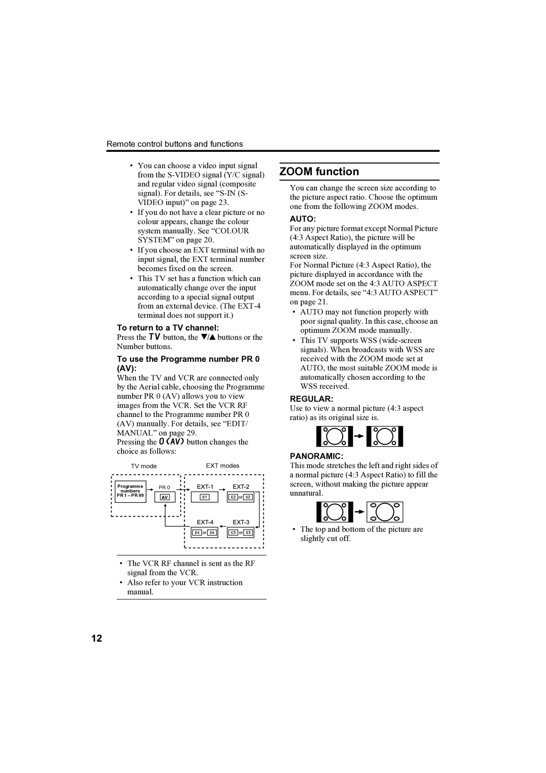 JVC AV-32H35SAE manual Zoom function, EXT-4, Auto, Regular, Panoramic 