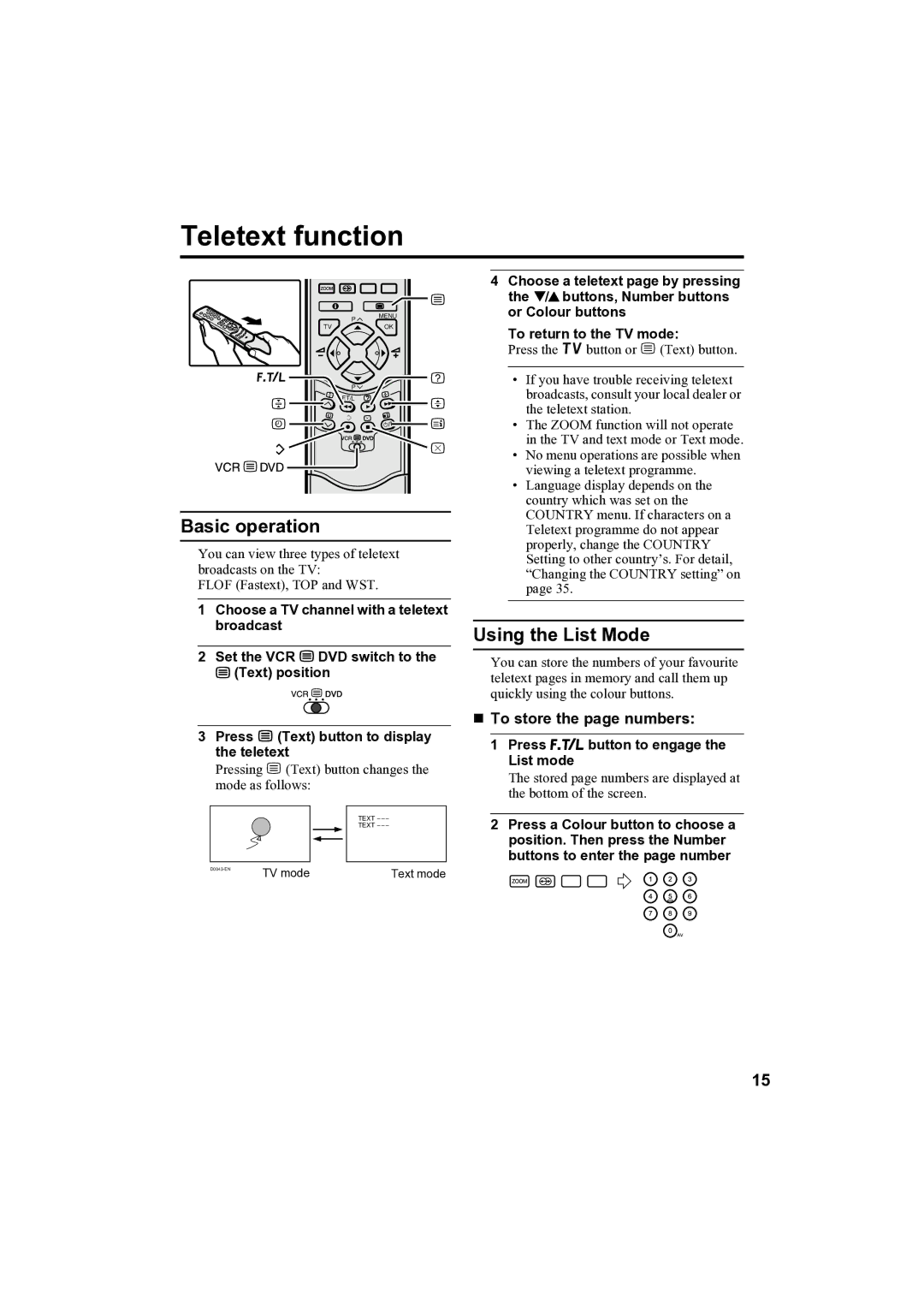 JVC AV-32H35SAE manual Teletext function, Basic operation, Using the List Mode, „ To store the page numbers 