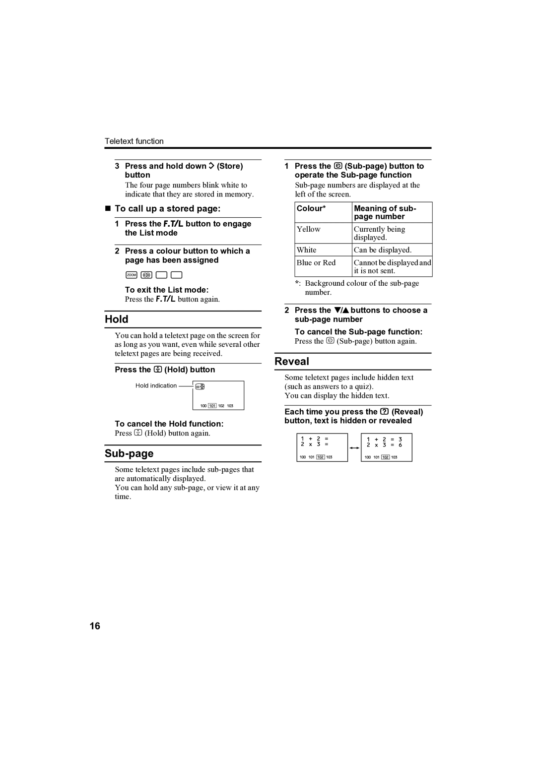 JVC AV-32H35SAE manual Hold, Sub-page, Reveal, „ To call up a stored 