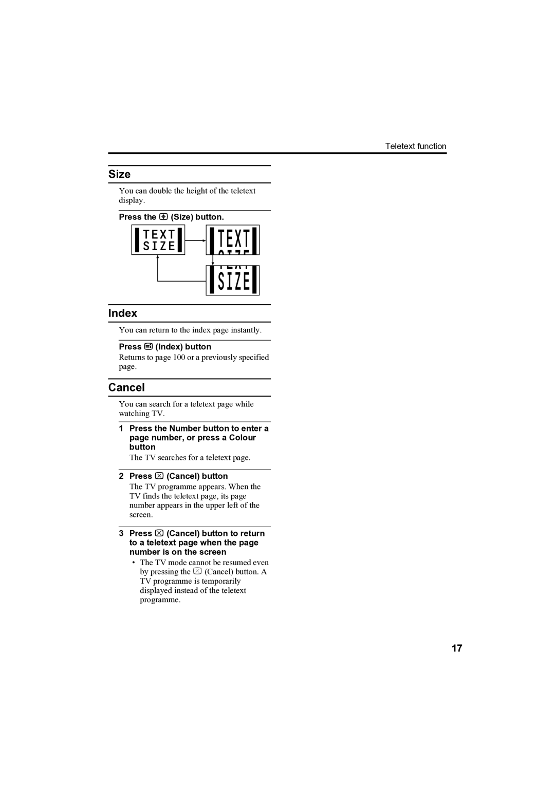 JVC AV-32H35SAE manual Size, Index, Cancel 