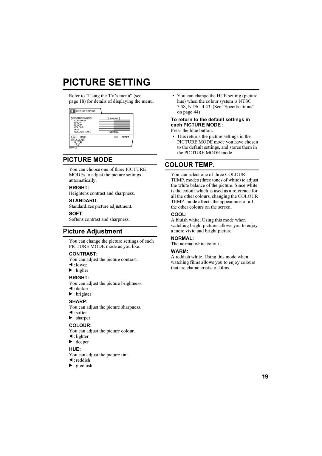 JVC AV-32H35SAE manual Picture Mode, Picture Adjustment, Colour Temp 