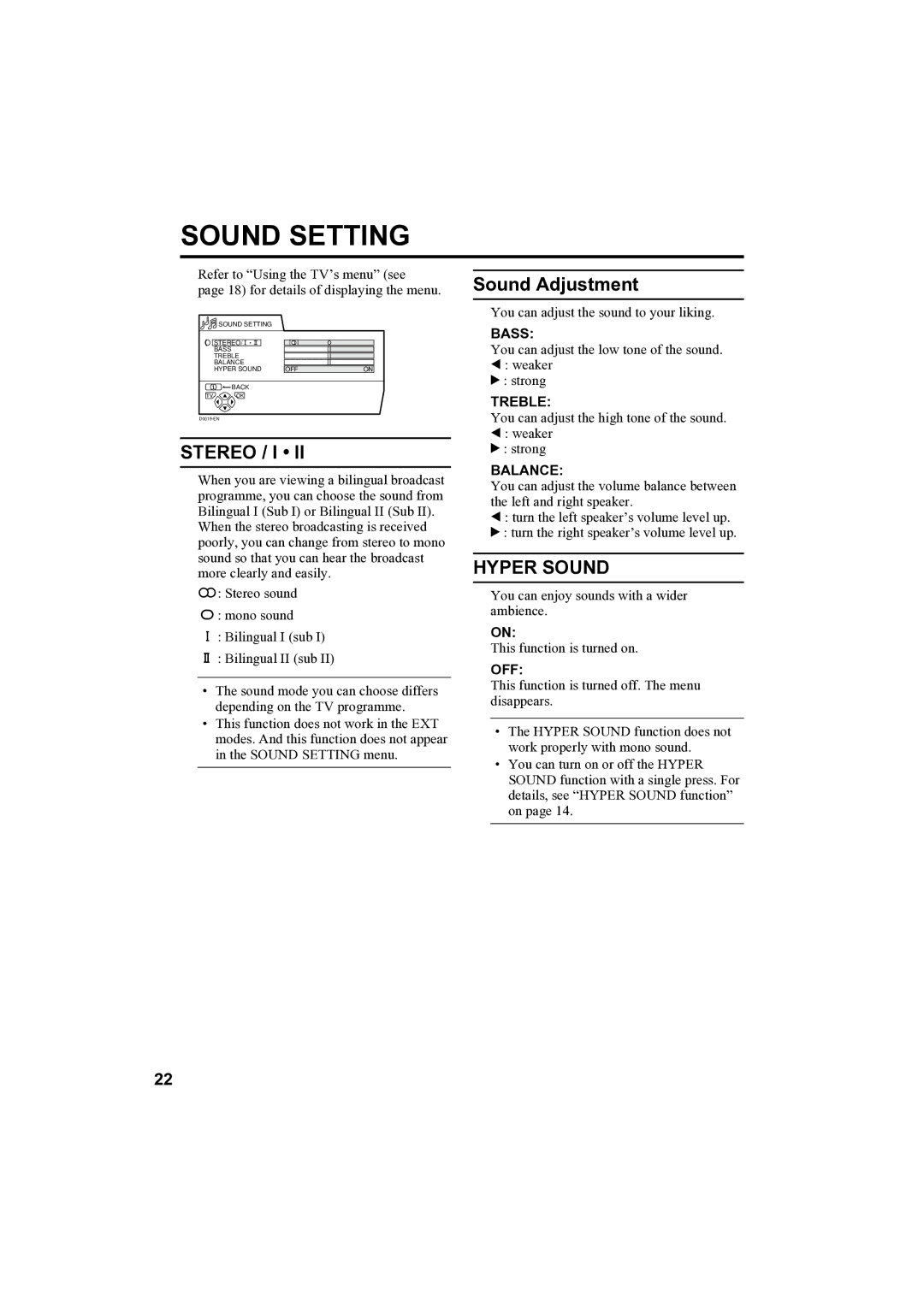 JVC AV-32H35SAE manual Stereo / I, Sound Adjustment, Hyper Sound 