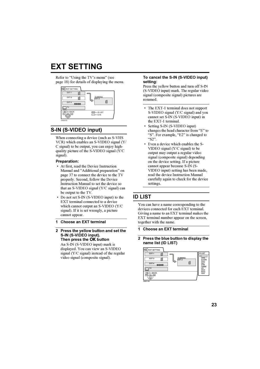 JVC AV-32H35SAE manual ID List, Preparation, To cancel the S-IN S-VIDEO input setting 