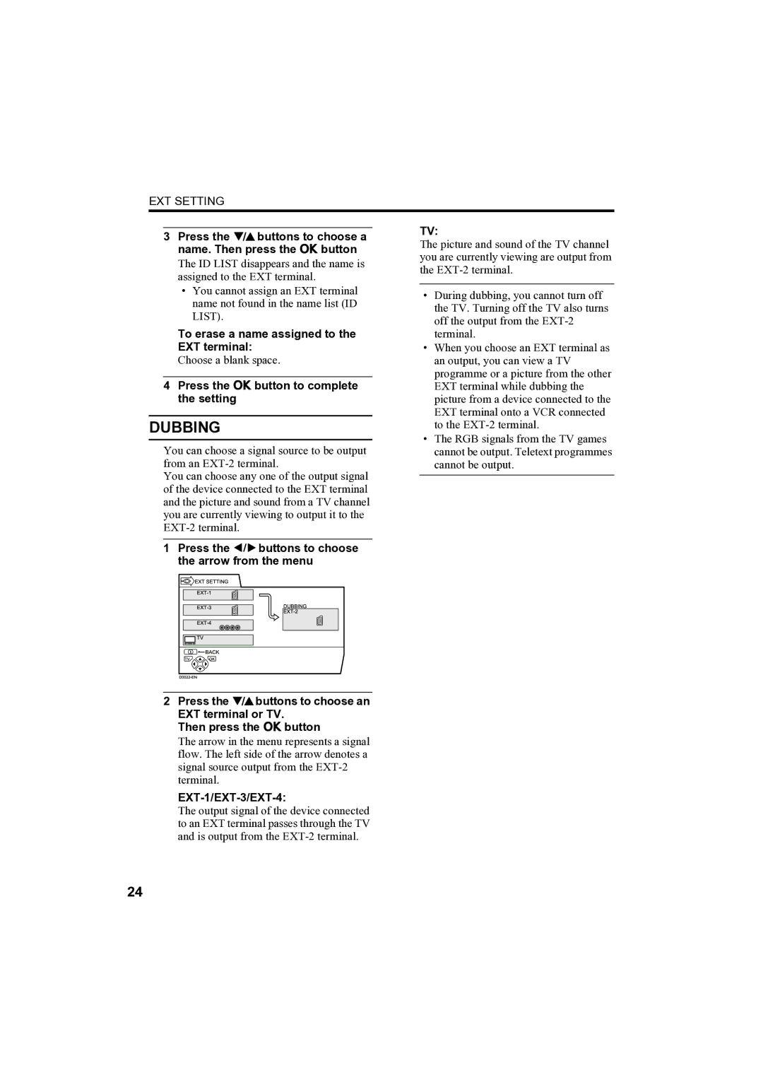 JVC AV-32H35SAE Dubbing, To erase a name assigned to the EXT terminal, Press the 5 buttons to choose, Arrow from the menu 