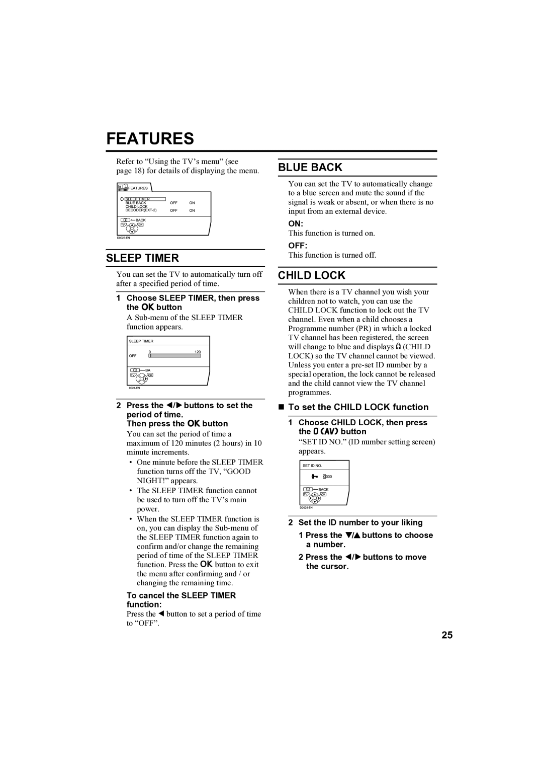 JVC AV-32H35SAE manual Sleep Timer, Blue Back, „ To set the Child Lock function, Set the ID number to your liking 