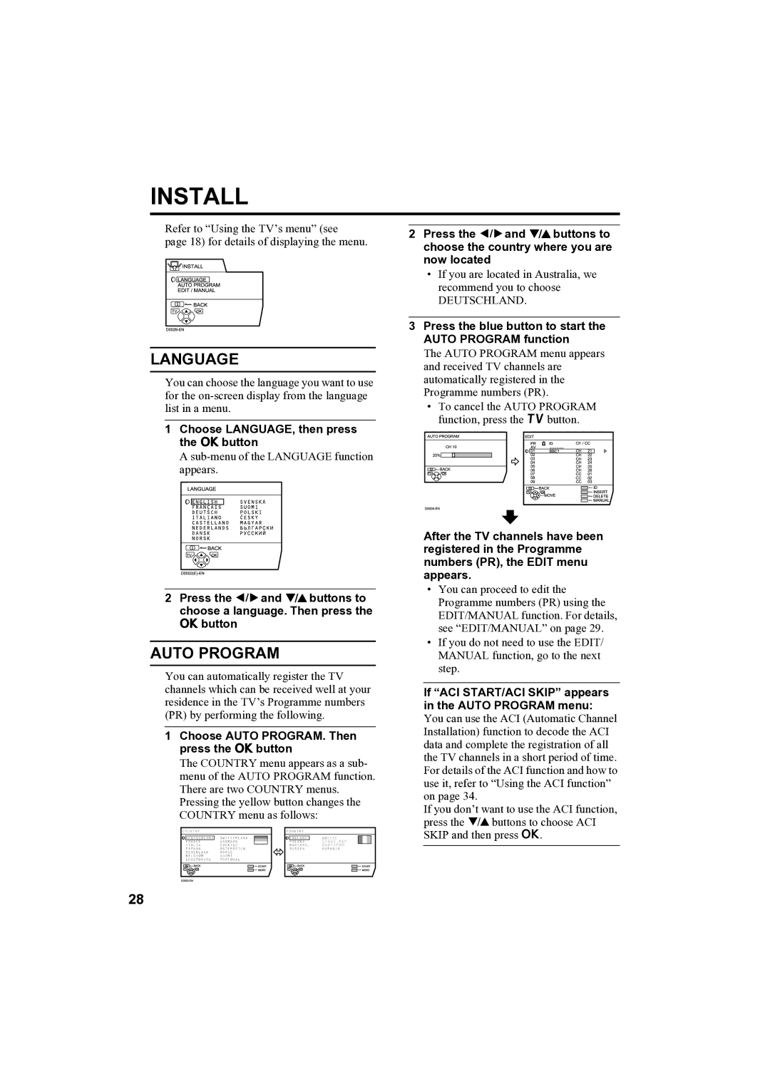 JVC AV-32H35SAE manual Language, Auto Program, Choose LANGUAGE, then press the abutton 