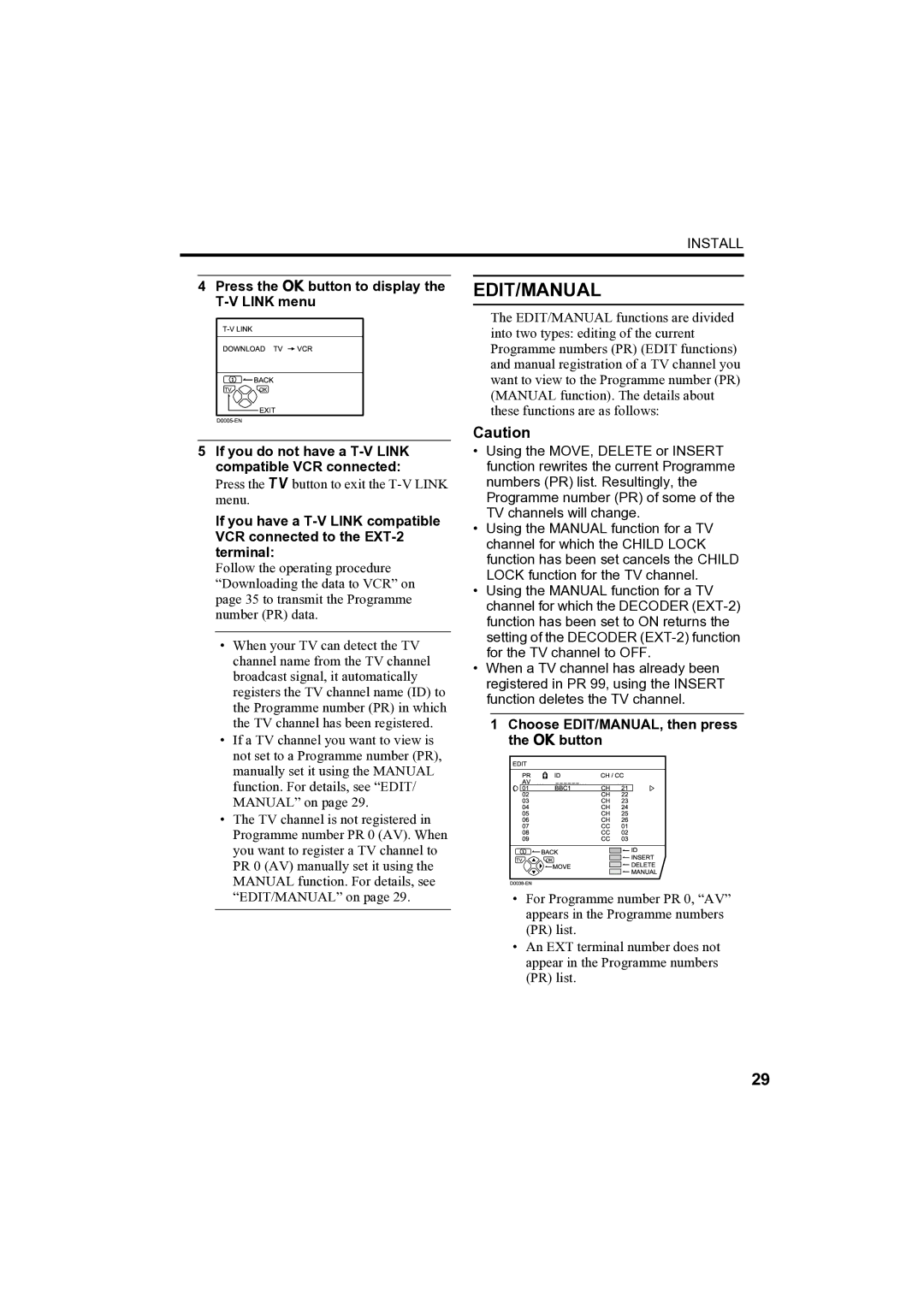 JVC AV-32H35SAE manual Edit/Manual, If you do not have a T-V Link compatible VCR connected, Choose EDIT/MANUAL, then press 