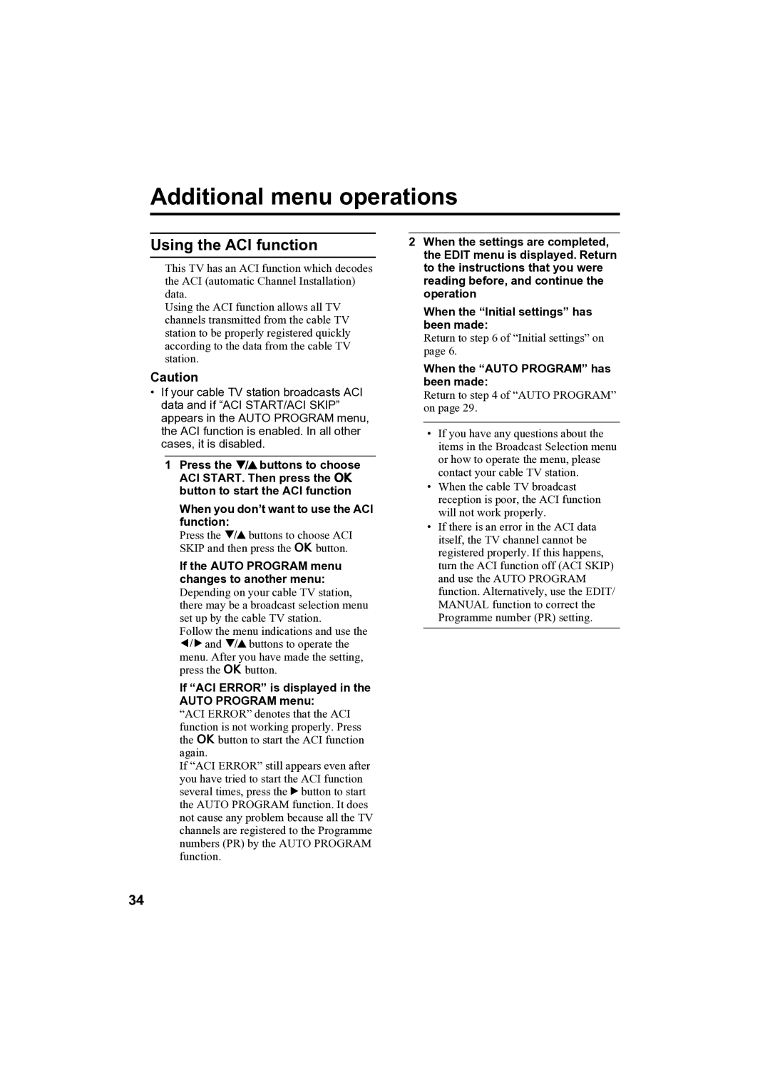 JVC AV-32H35SAE manual Additional menu operations, Using the ACI function, If the Auto Program menu changes to another menu 