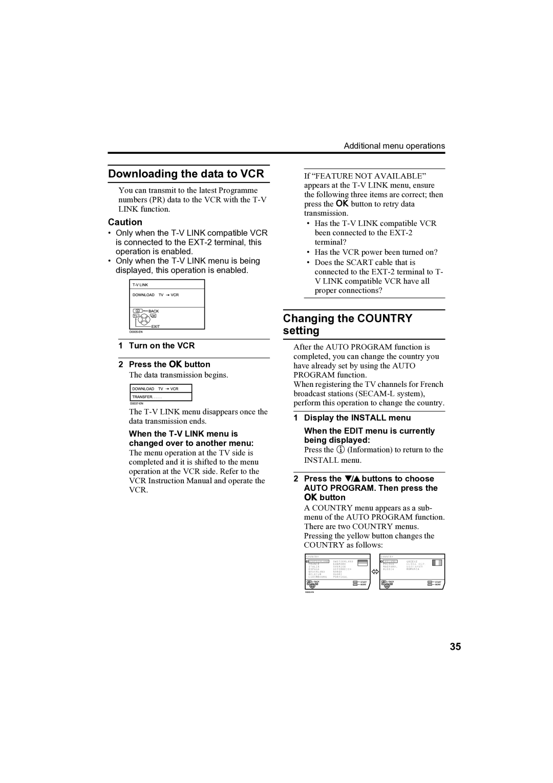 JVC AV-32H35SAE manual Downloading the data to VCR, Changing the Country setting, Turn on the VCR 